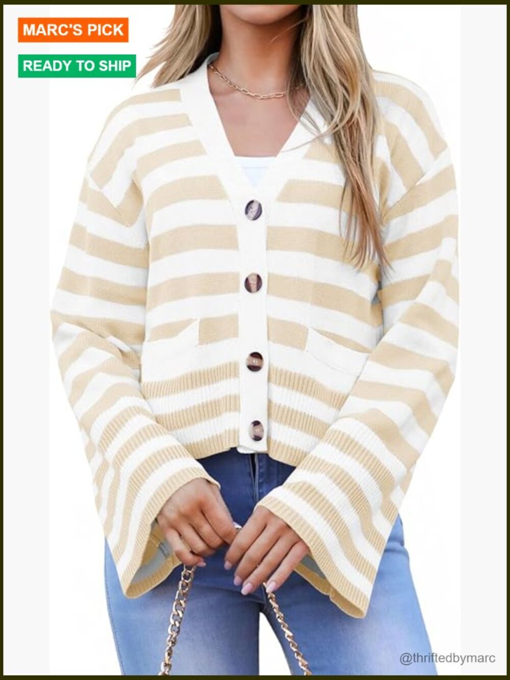 Striped V-Neck Cardigan Sweater with Pockets Cropped Fit